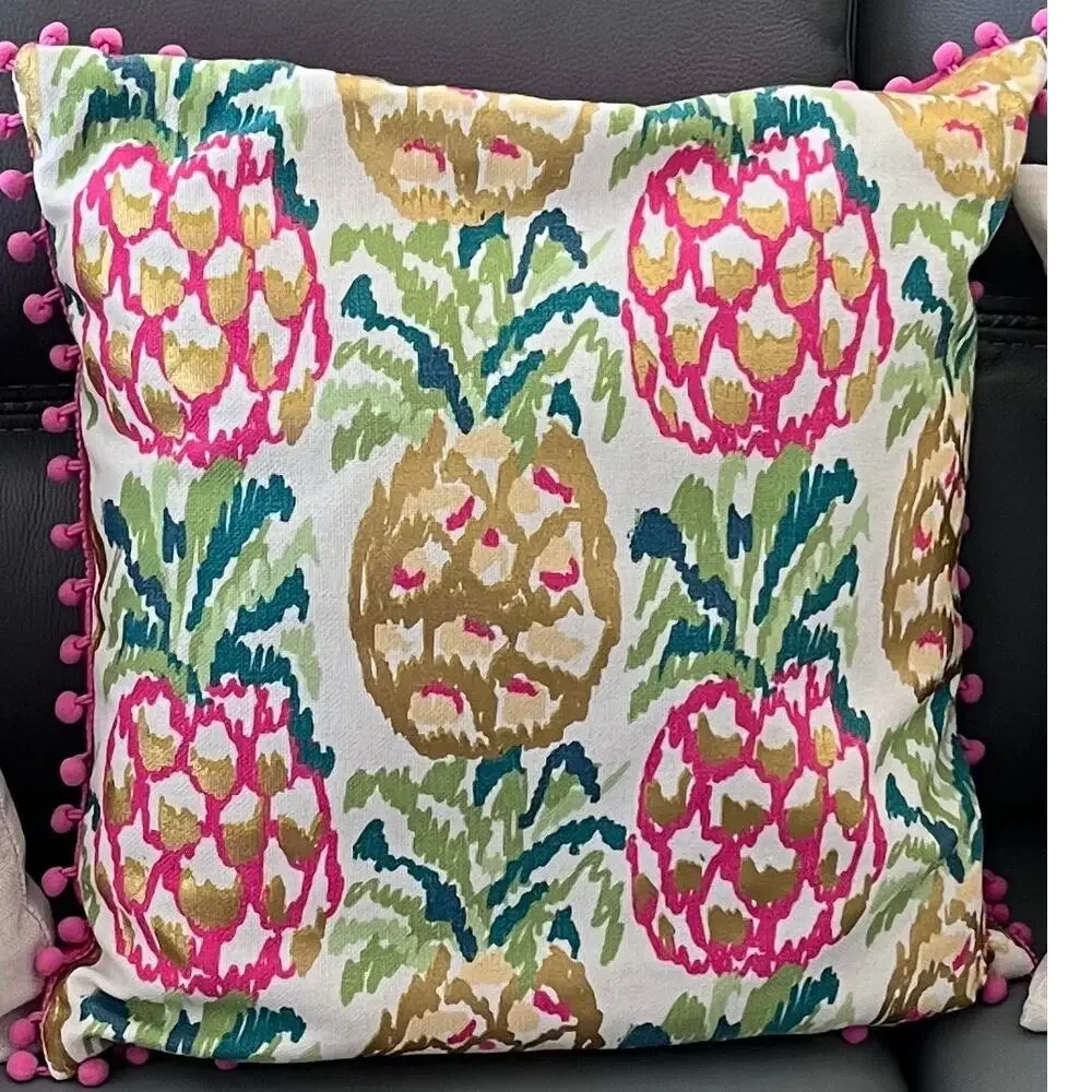Pineapple Throw Pillows Flamenco Pom Pom Trim Tropical Beach Decor